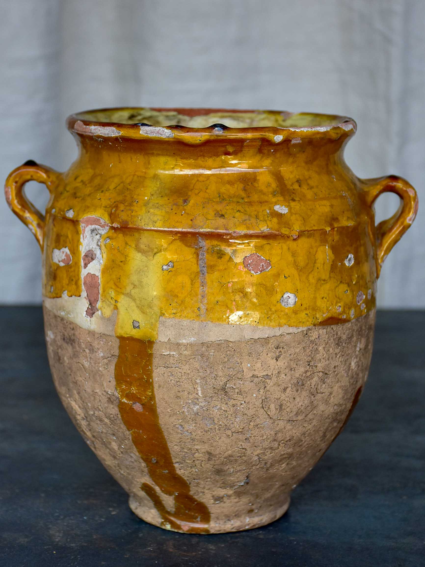 Antique French preserving pot with yellow glaze and handles 9 ½''