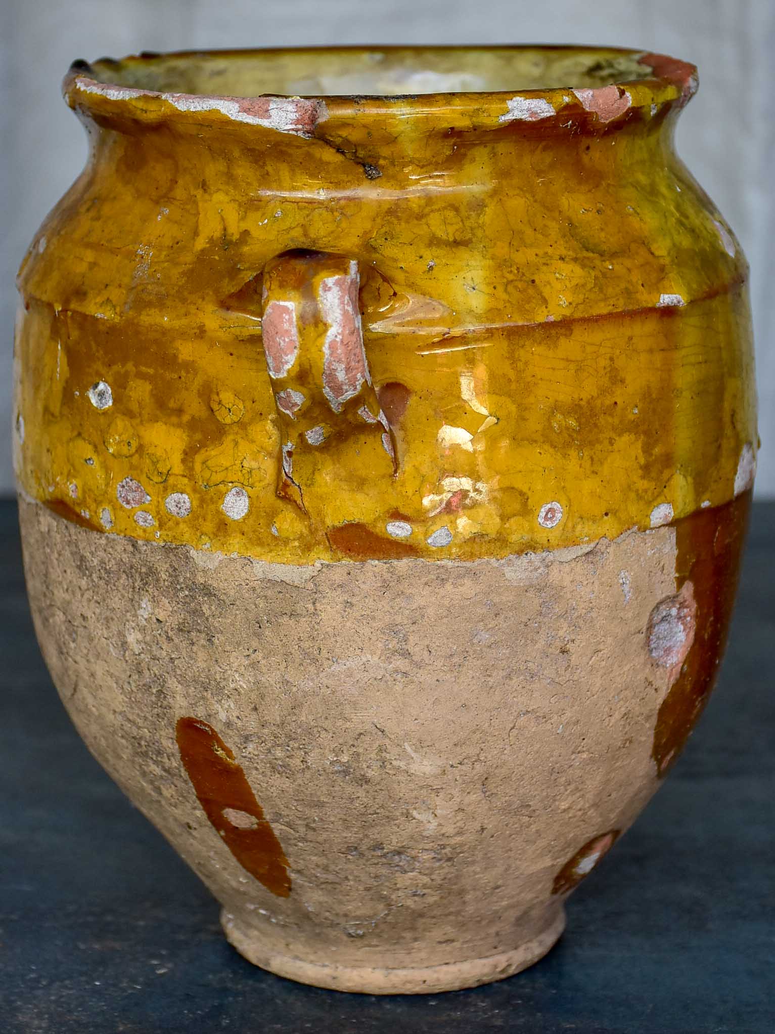 Antique French preserving pot with yellow glaze and handles 9 ½''