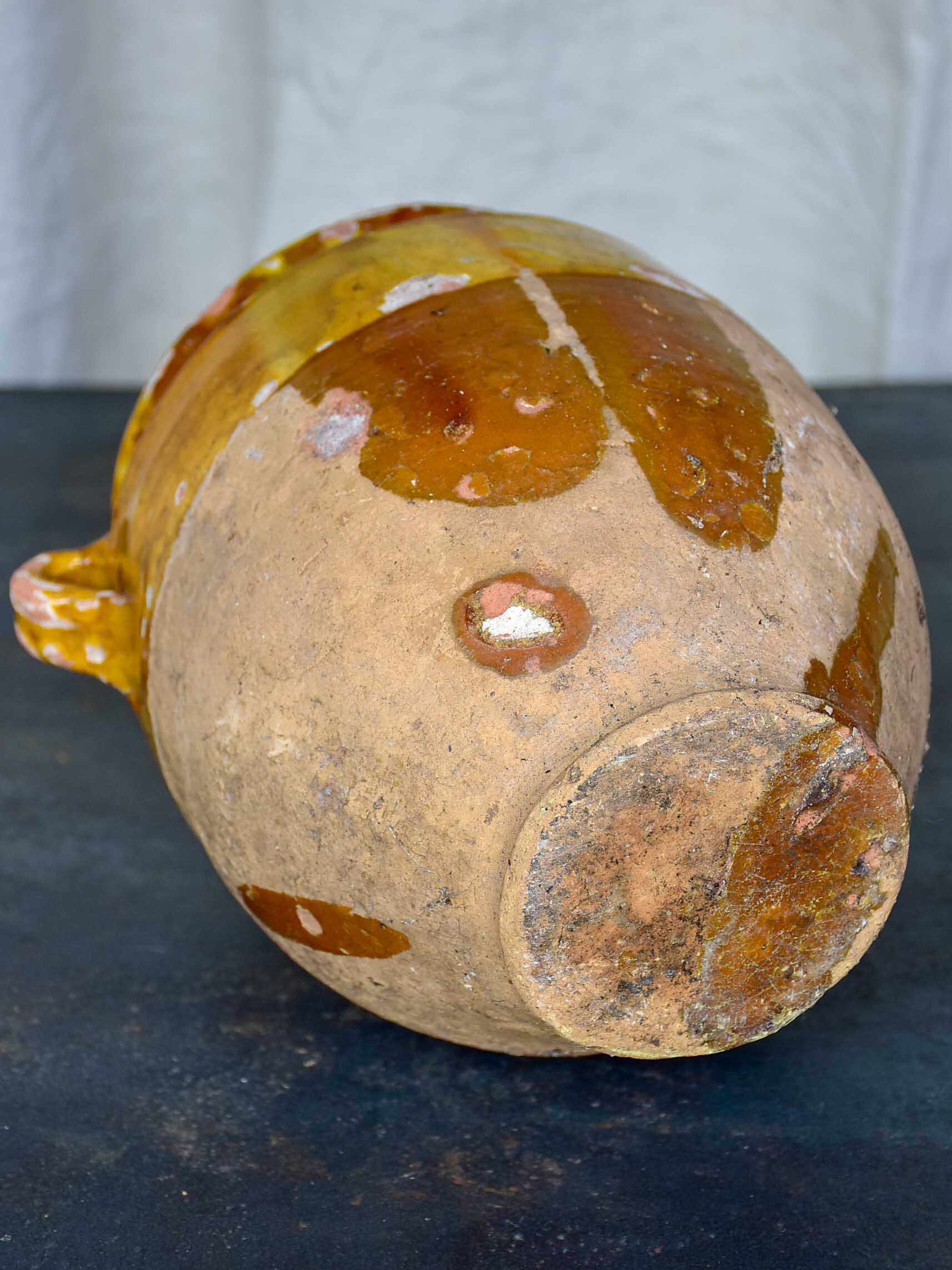 Antique French preserving pot with yellow glaze and handles 9 ½''