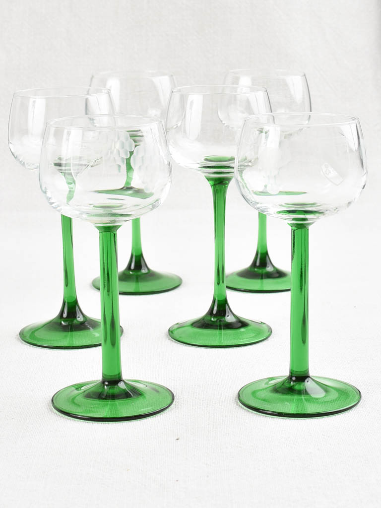6 Alsatian wine glasses with green stems