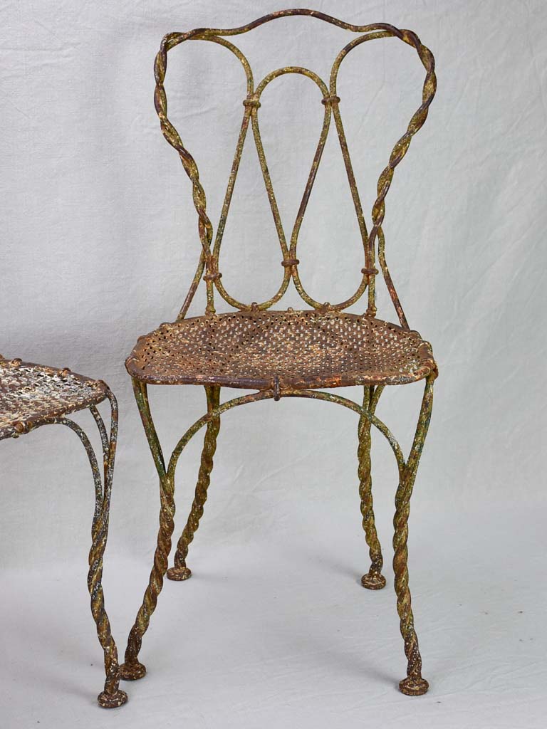 Pair of pretty 19th century French garden chairs with twisted iron frames