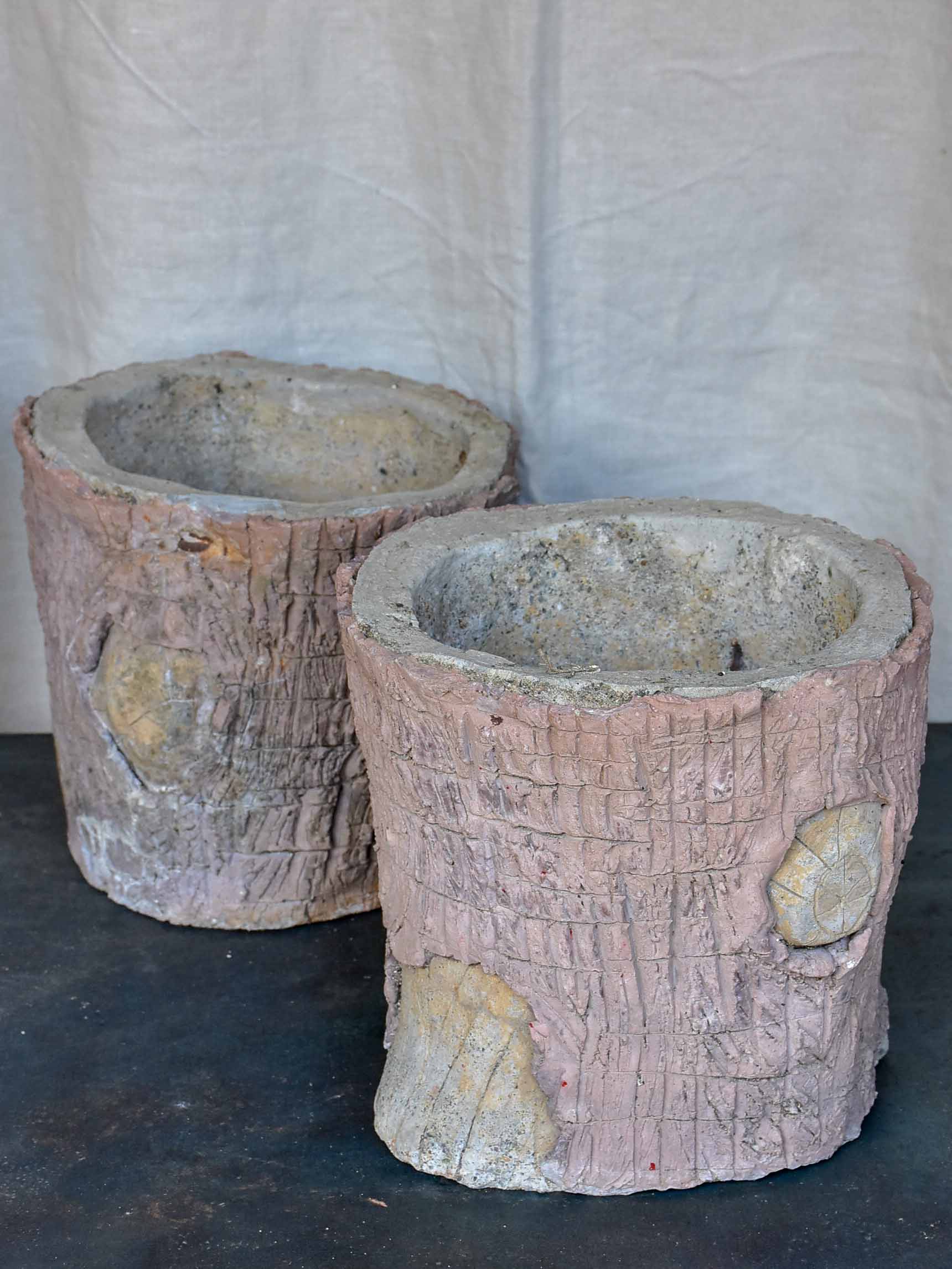 Pair of antique French faux bois garden planters