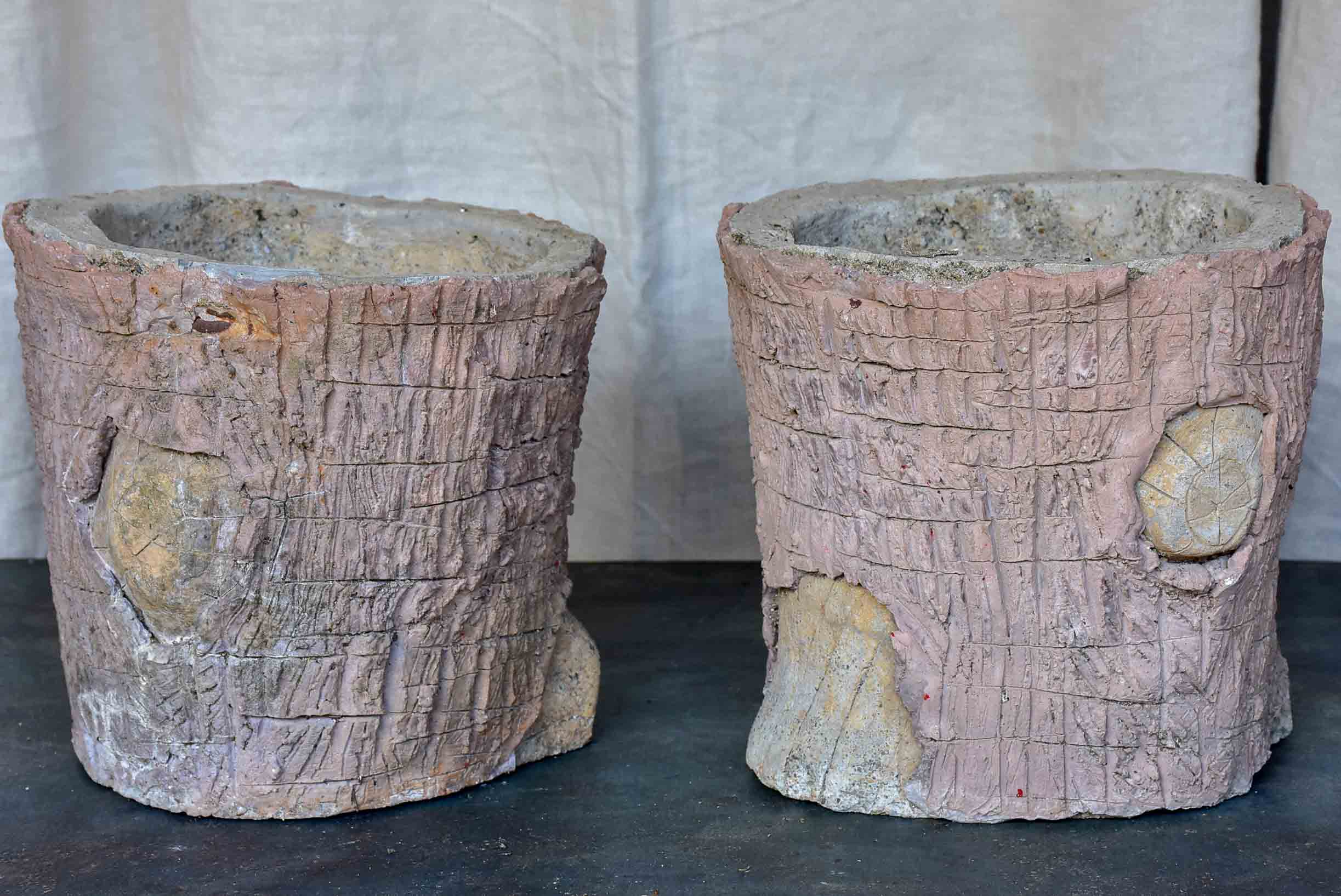 Pair of antique French faux bois garden planters