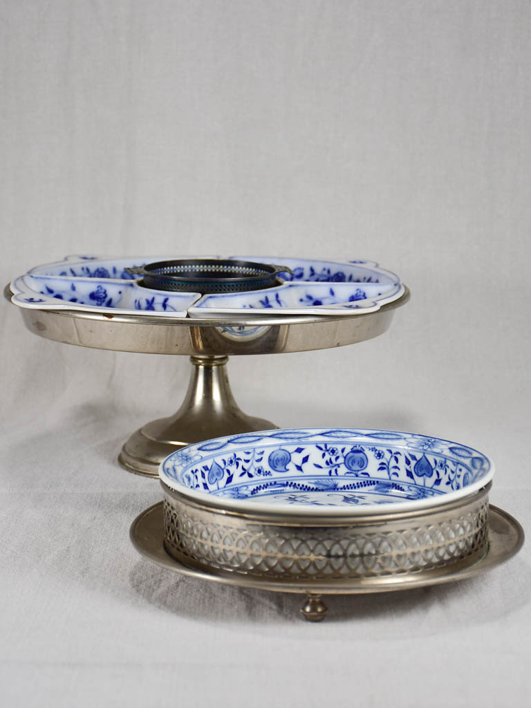 Two rare Meissen Delftware serving platters with silver supports from the eighteenth-century