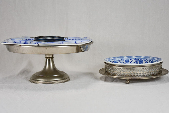 Two rare Meissen Delftware serving platters with silver supports from the eighteenth-century