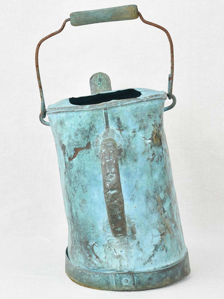 Antique French copper watering can with blue patina