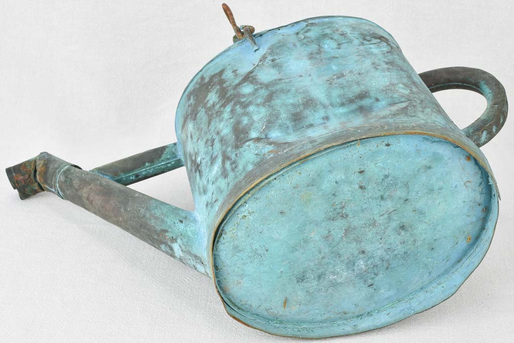 Antique French copper watering can with blue patina