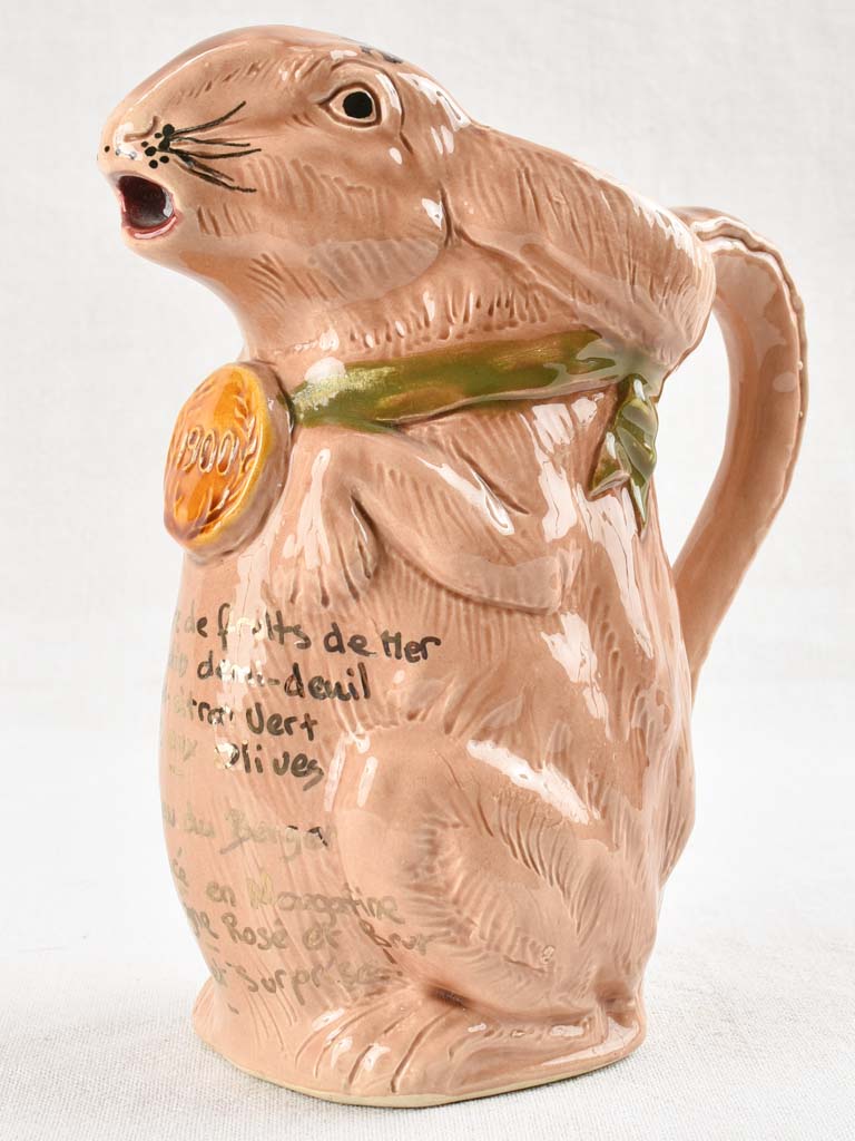 Vintage Barbotine rabbit pitcher 9½"