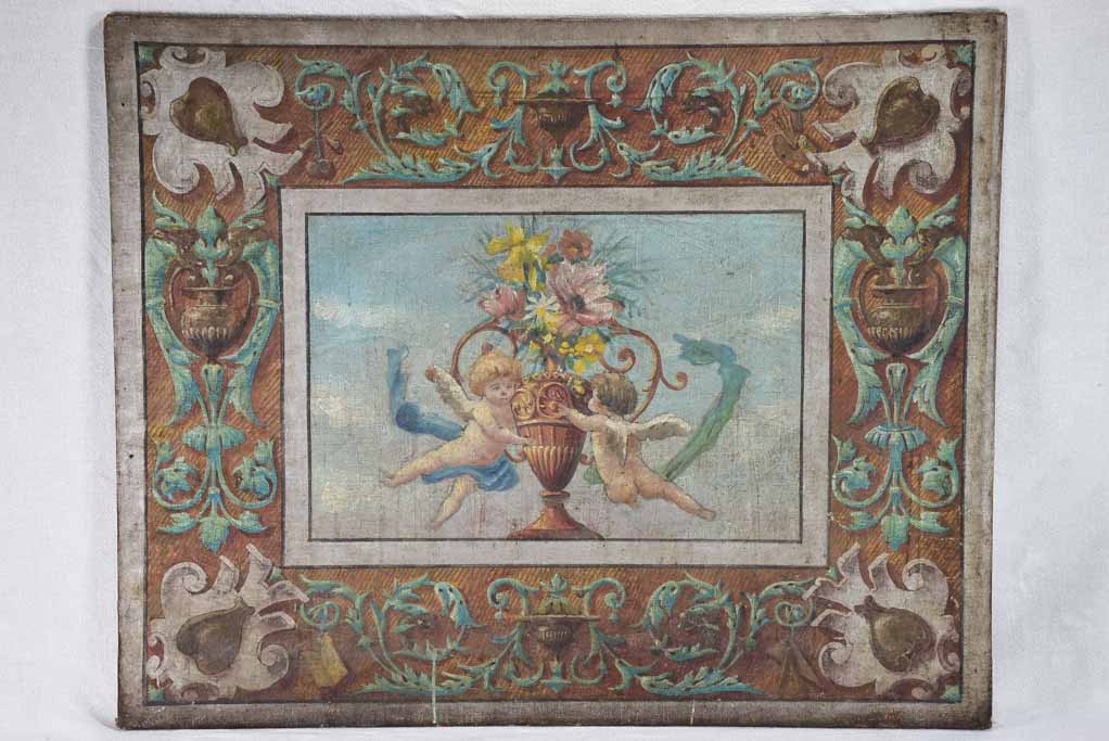 Pretty antique painting of angels on canvas 29¼" x 36½"