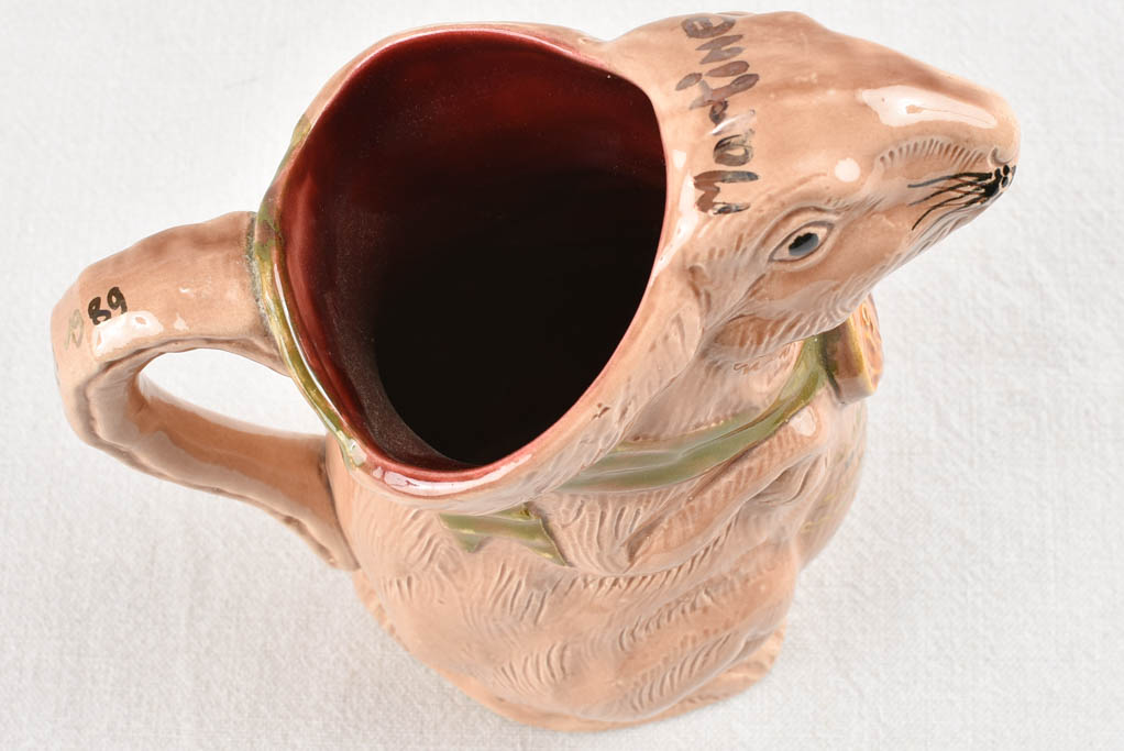 Vintage Barbotine rabbit pitcher 9½"