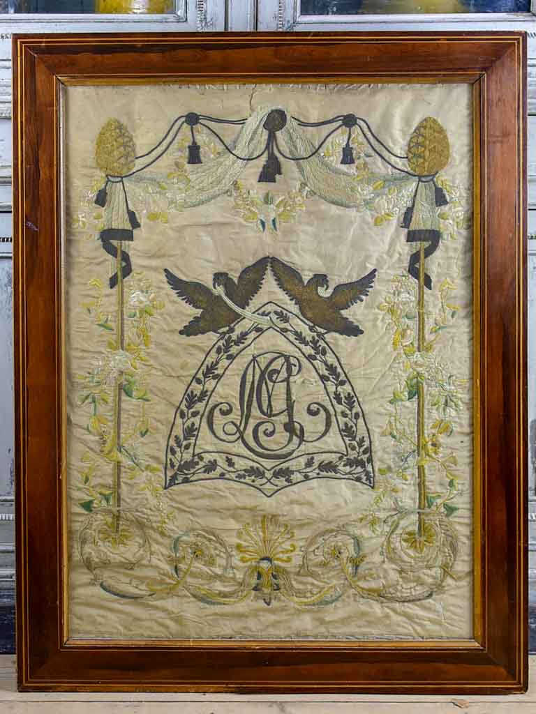 Framed monogrammed wedding tapestry - 18th or 19th Century 30¾" x 39¾"
