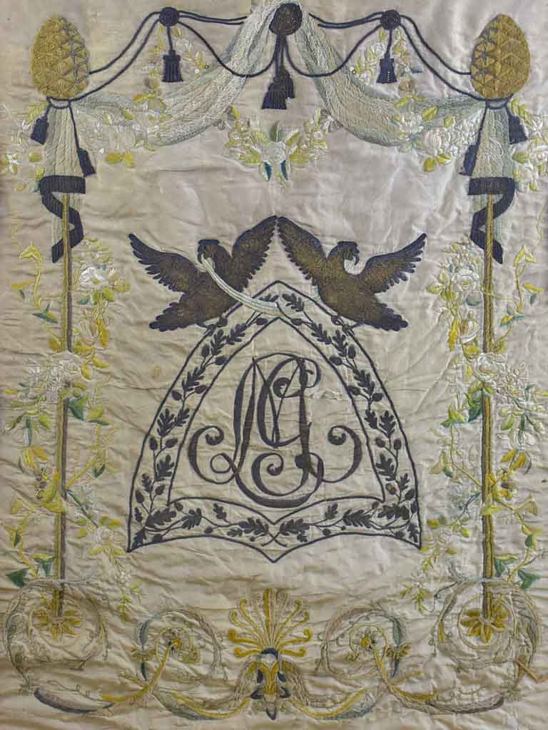 Framed monogrammed wedding tapestry - 18th or 19th Century 30¾" x 39¾"
