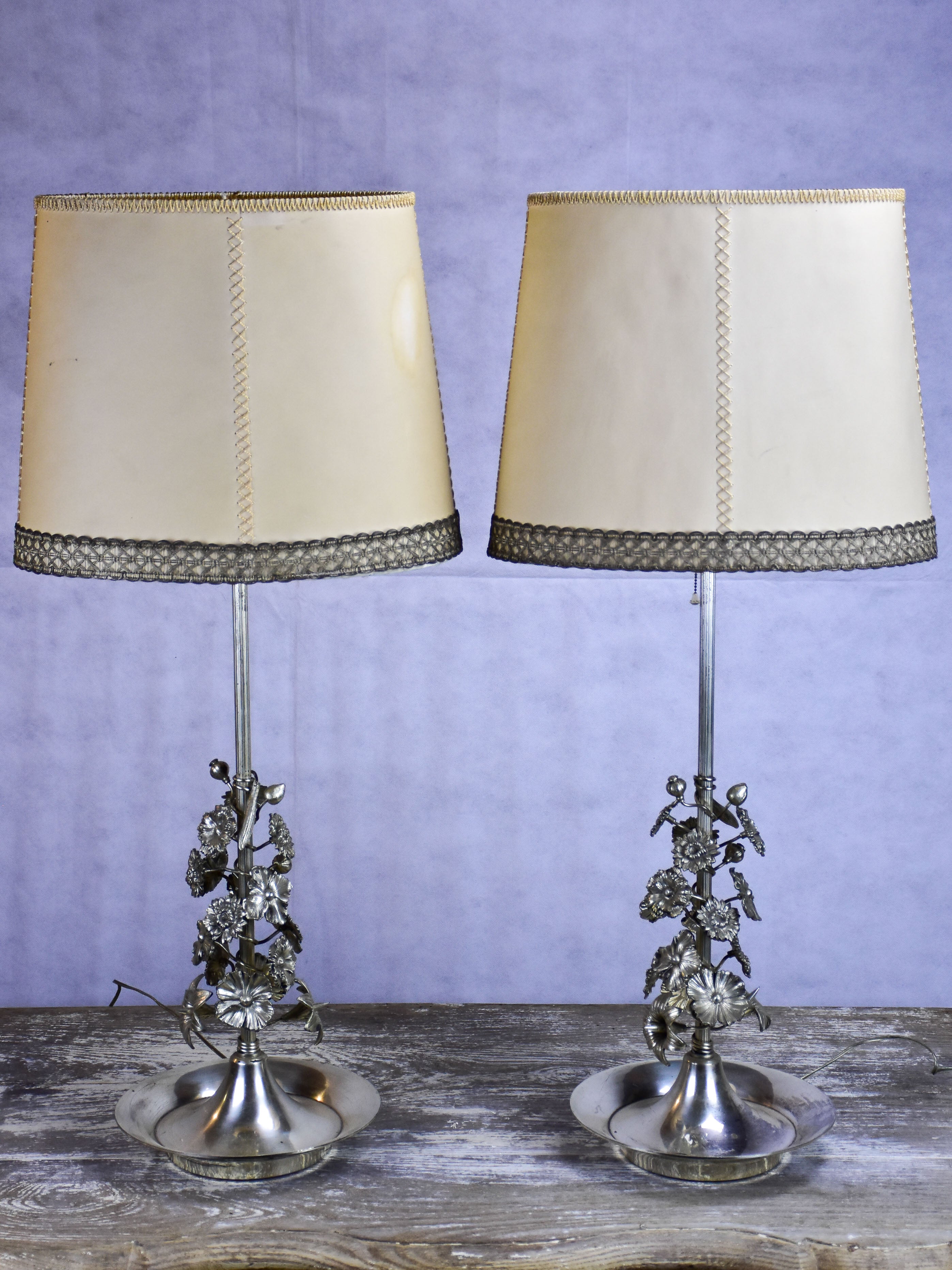 Pair of tall table lamps with parchment shades