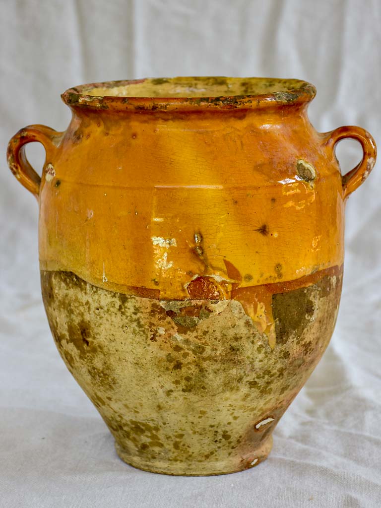 Rustic 19th Century French confit pot with orange glaze 10¾"