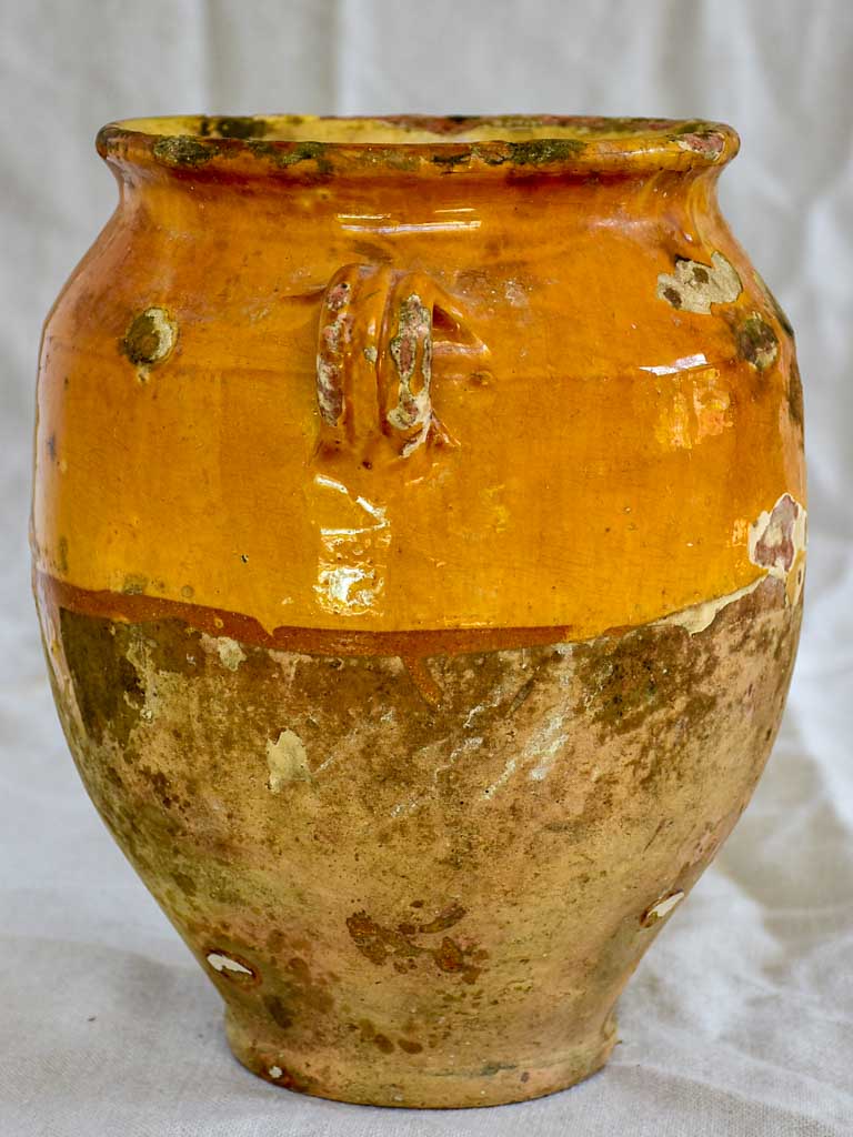 Rustic 19th Century French confit pot with orange glaze 10¾"