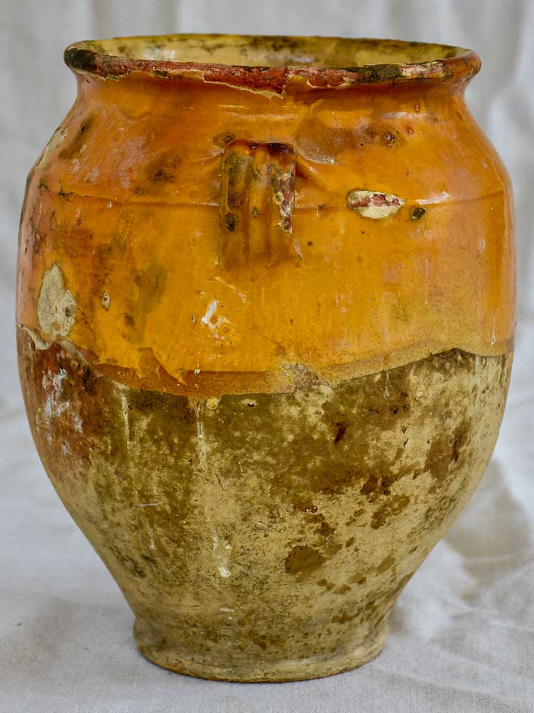 Rustic 19th Century French confit pot with orange glaze 10¾"
