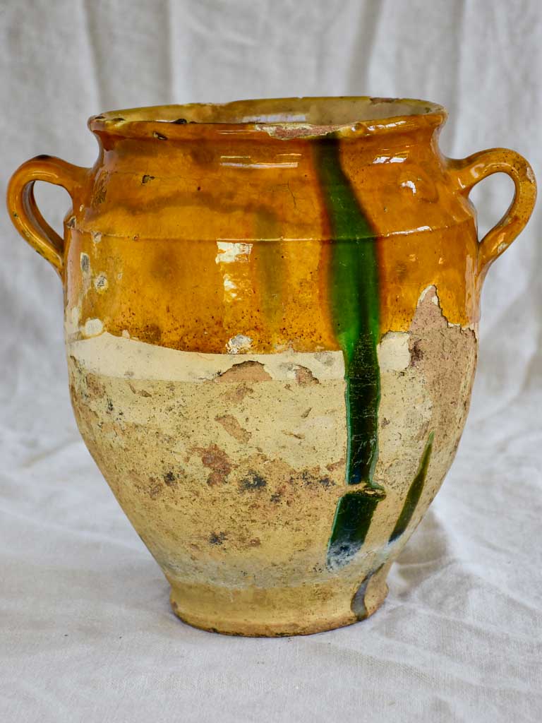 Large antique French confit pot with orange glaze and green splash 12¼"