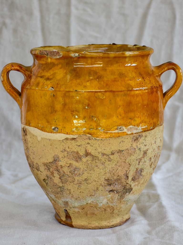 Large antique French confit pot with orange glaze and green splash 12¼"
