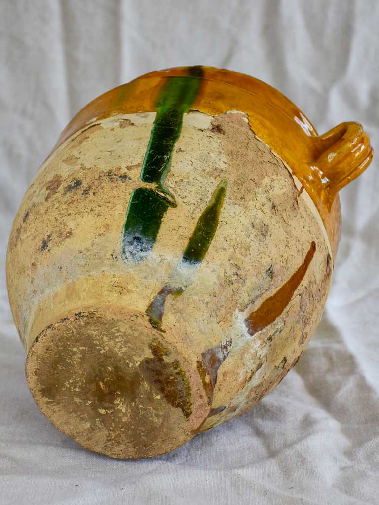 Large antique French confit pot with orange glaze and green splash 12¼"