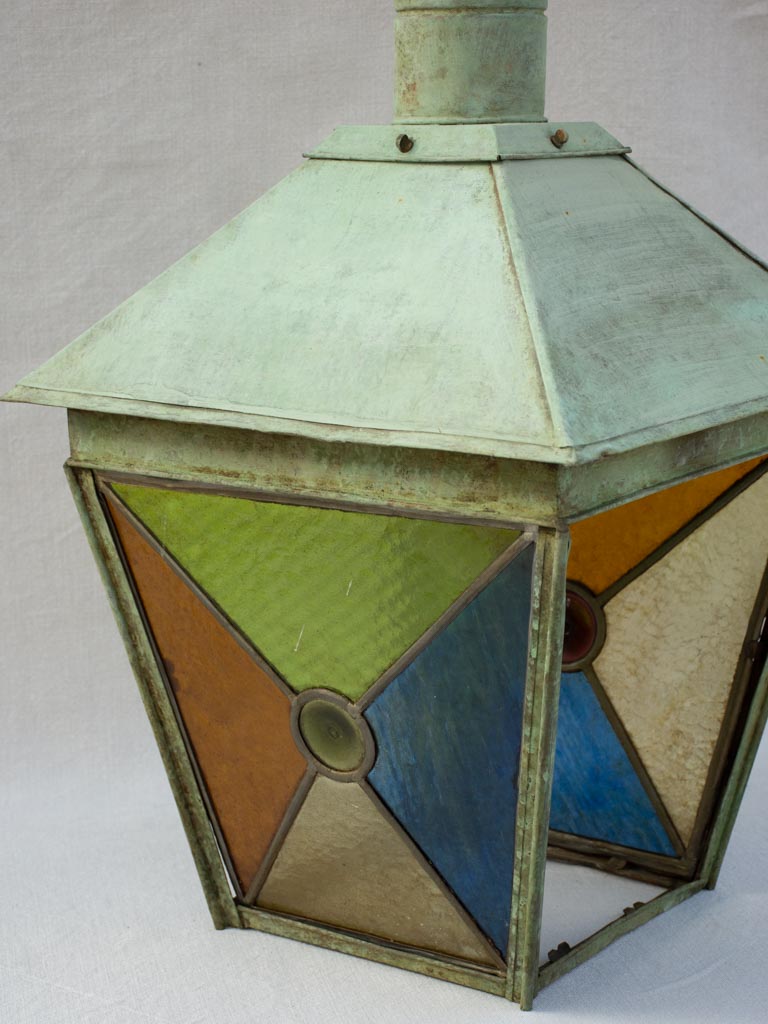 Large nineteenth century French copper lantern with stained glass 34¼"