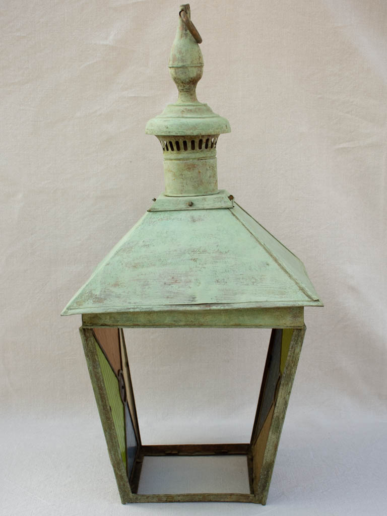 Large nineteenth century French copper lantern with stained glass 34¼"