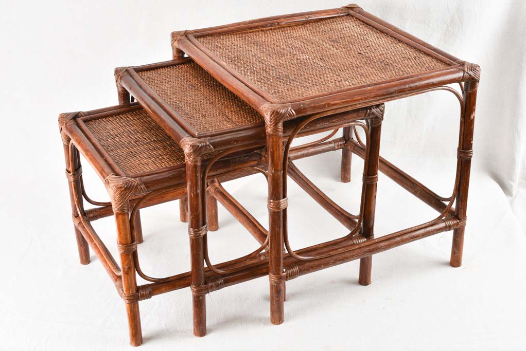 3 vintage bamboo and rattan nesting tables 20½"