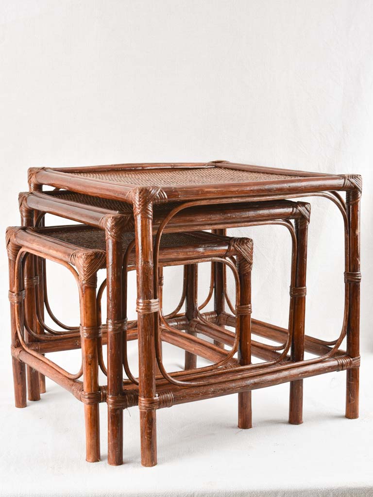 3 vintage bamboo and rattan nesting tables 20½"