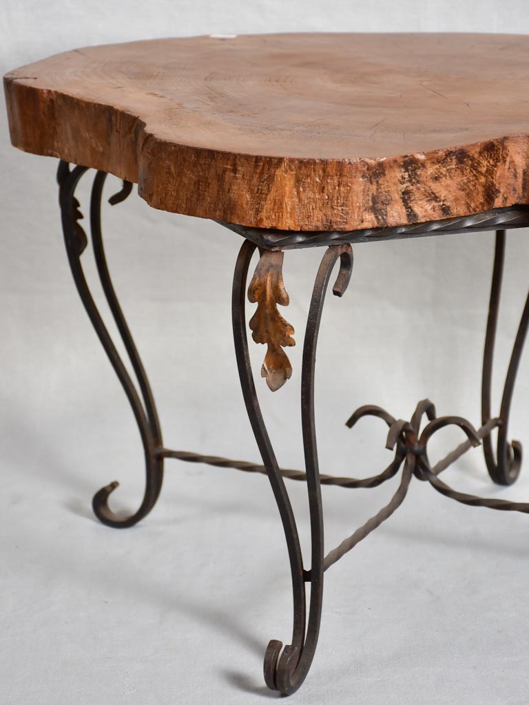 Mid-century brutalist tree trunk coffee table on wrought iron base 17"