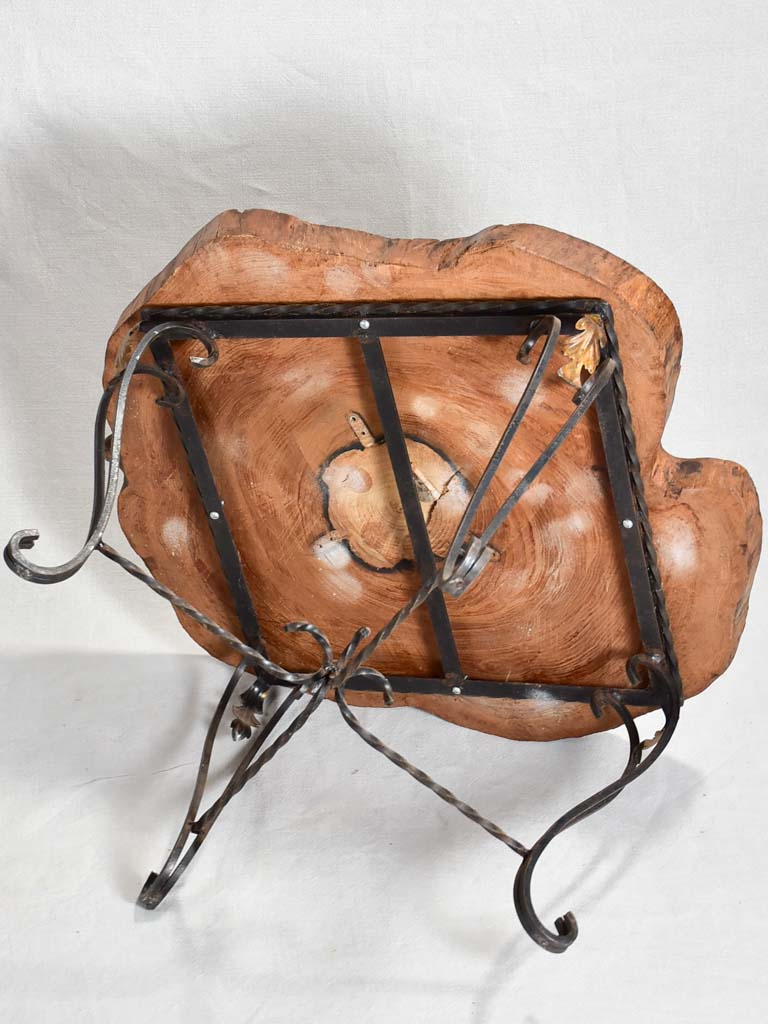 Mid-century brutalist tree trunk coffee table on wrought iron base 17"