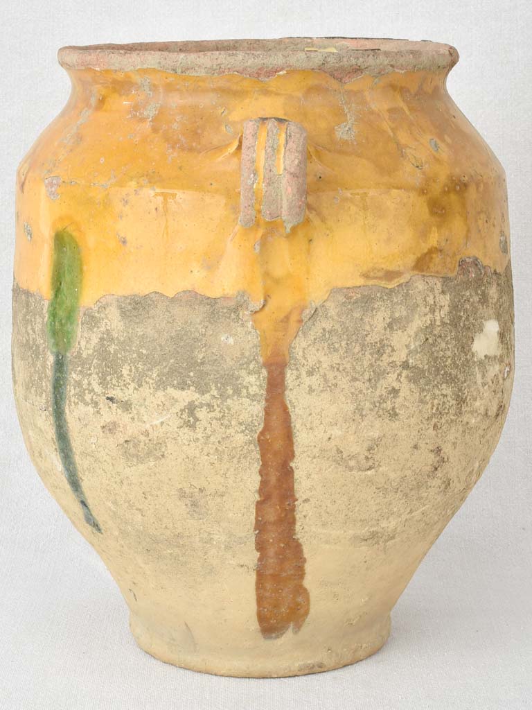 Large antique French confit pot with yellow & green glaze 13½"