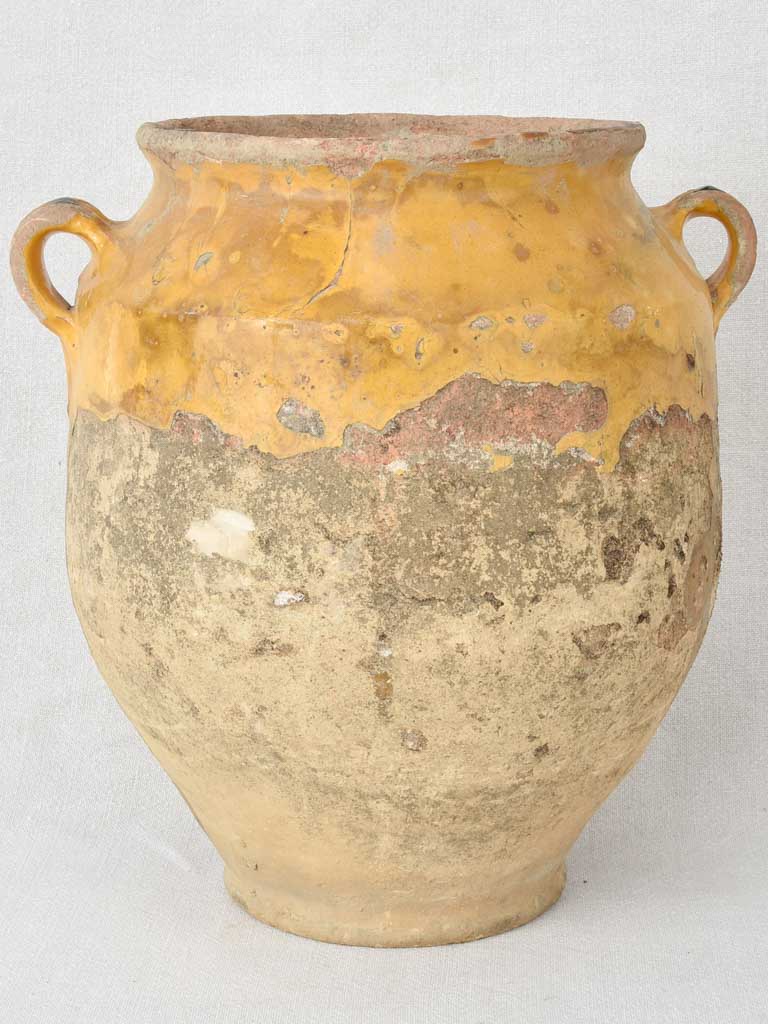 Large antique French confit pot with yellow & green glaze 13½"