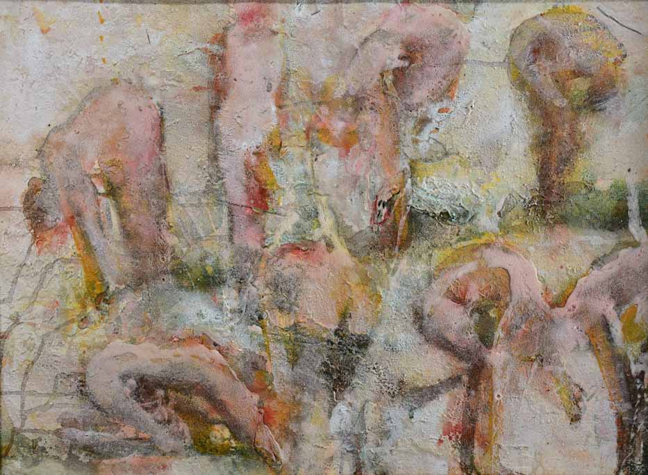 Large abstract vintage mixed media painting - bathing ladies - Marc Asterlind 27¼" x 34¾"