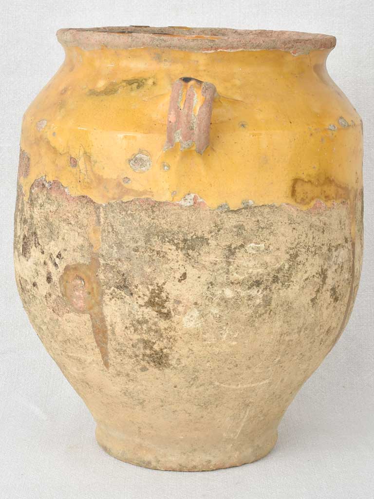 Large antique French confit pot with yellow & green glaze 13½"