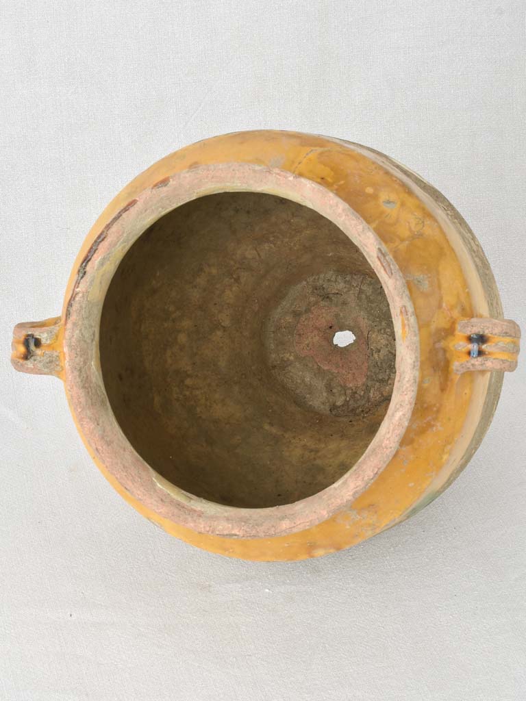 Large antique French confit pot with yellow & green glaze 13½"