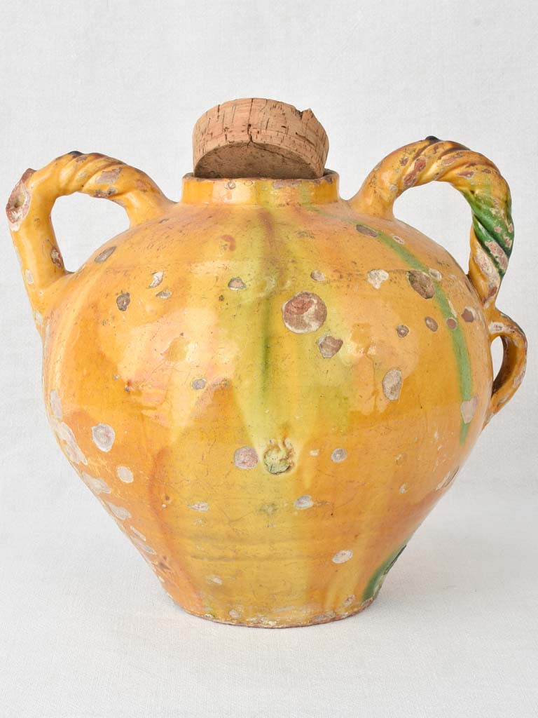 Superb large water cruche with twisted handles - yellow & green 13¾"