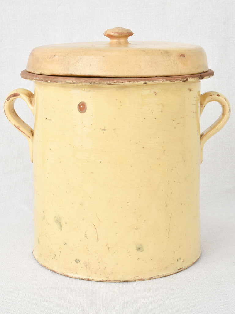 Antique Italian lidded pot with pale yellow glaze 9"