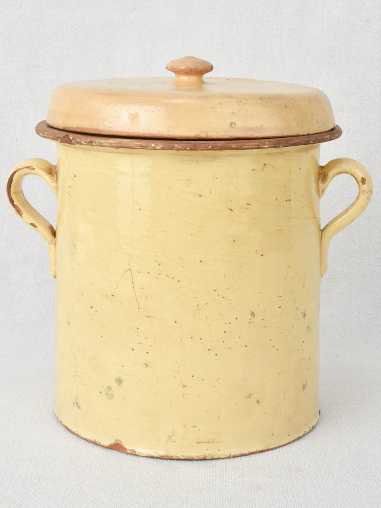 Antique Italian lidded pot with pale yellow glaze 9"