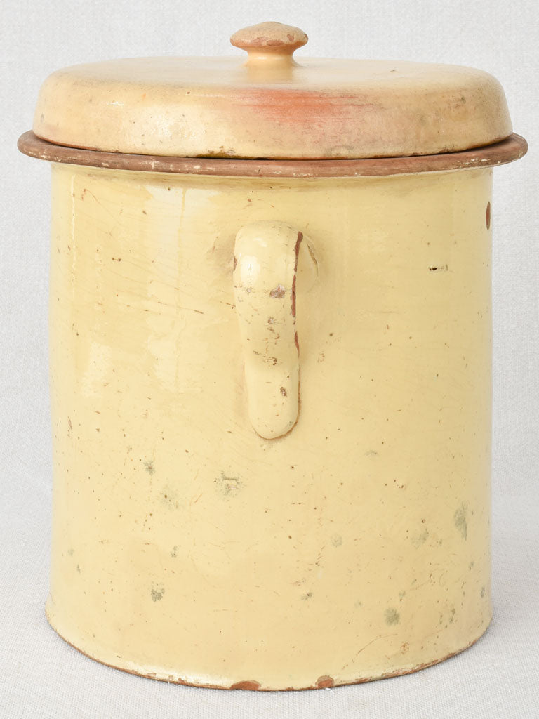 Antique Italian lidded pot with pale yellow glaze 9"
