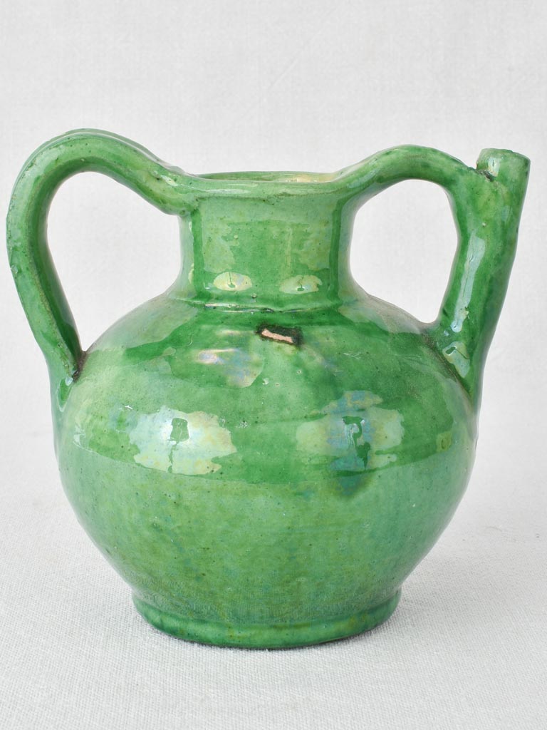 Miniature vintage water cruche with emerald green glaze 6¾"