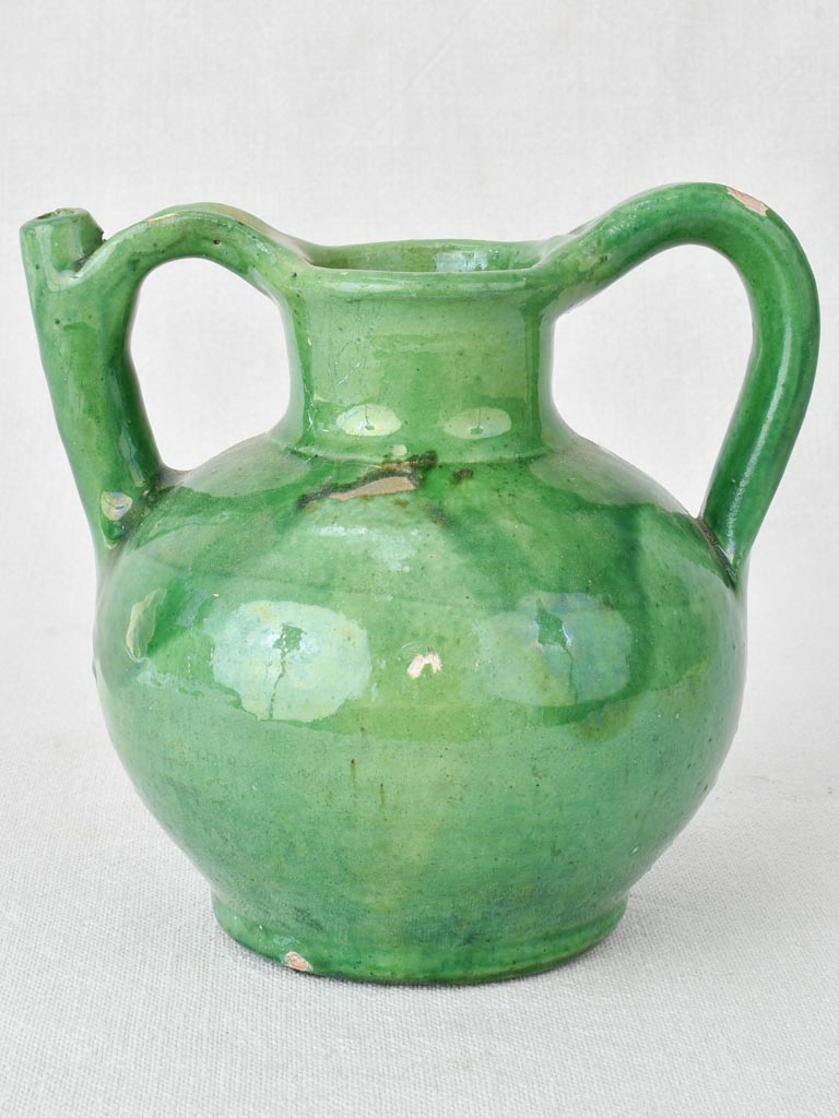 Miniature vintage water cruche with emerald green glaze 6¾"