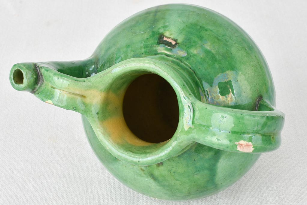 Miniature vintage water cruche with emerald green glaze 6¾"