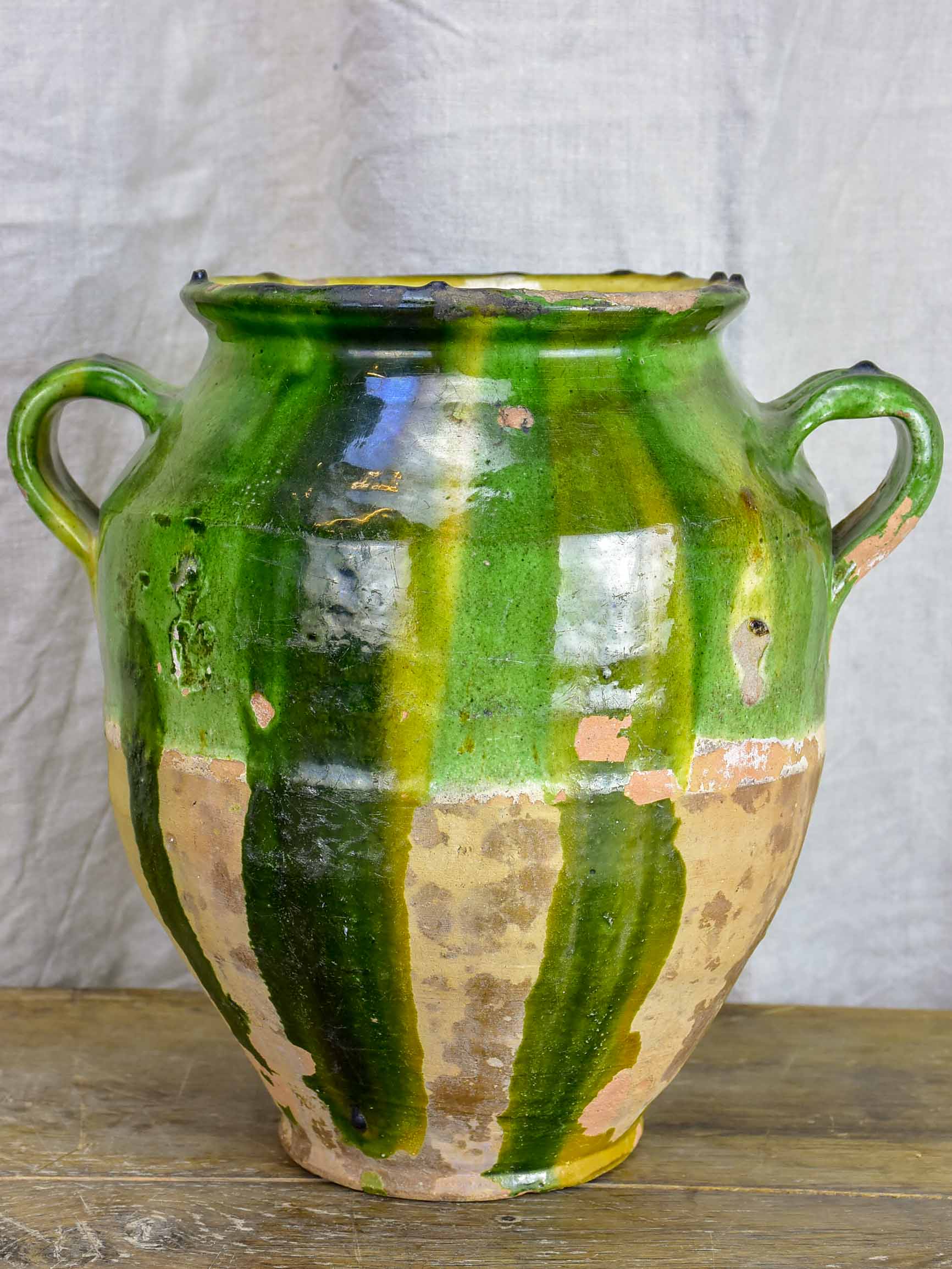 Very large antique French confit pot with green glaze 12 ¾''