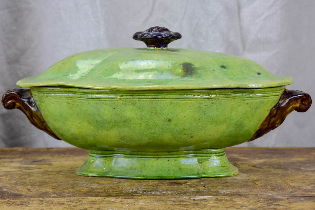 Antique French vegetable tureen from Dieulefit - green glaze