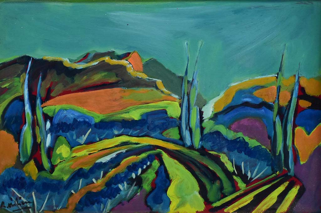 Oil on canvas - Les Alpilles landscape with cypress - Roger Oulion 21¾" x 29½"