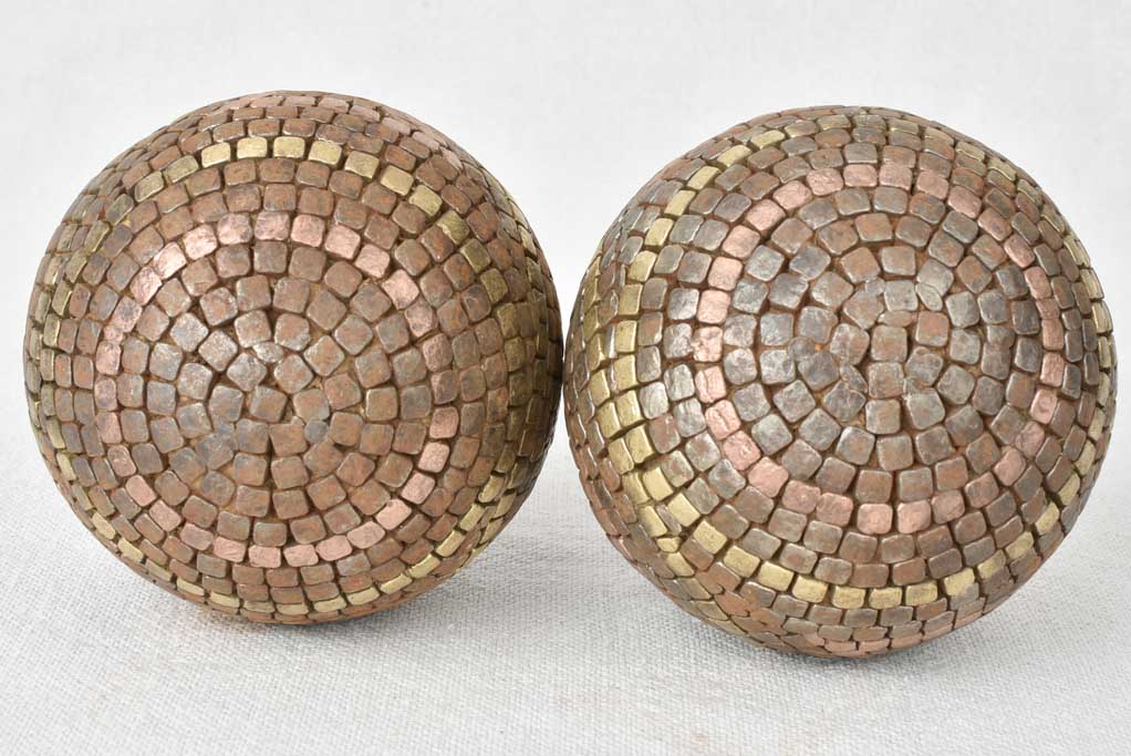 Pair of antique French petanque balls - square mosaic pattern 4"