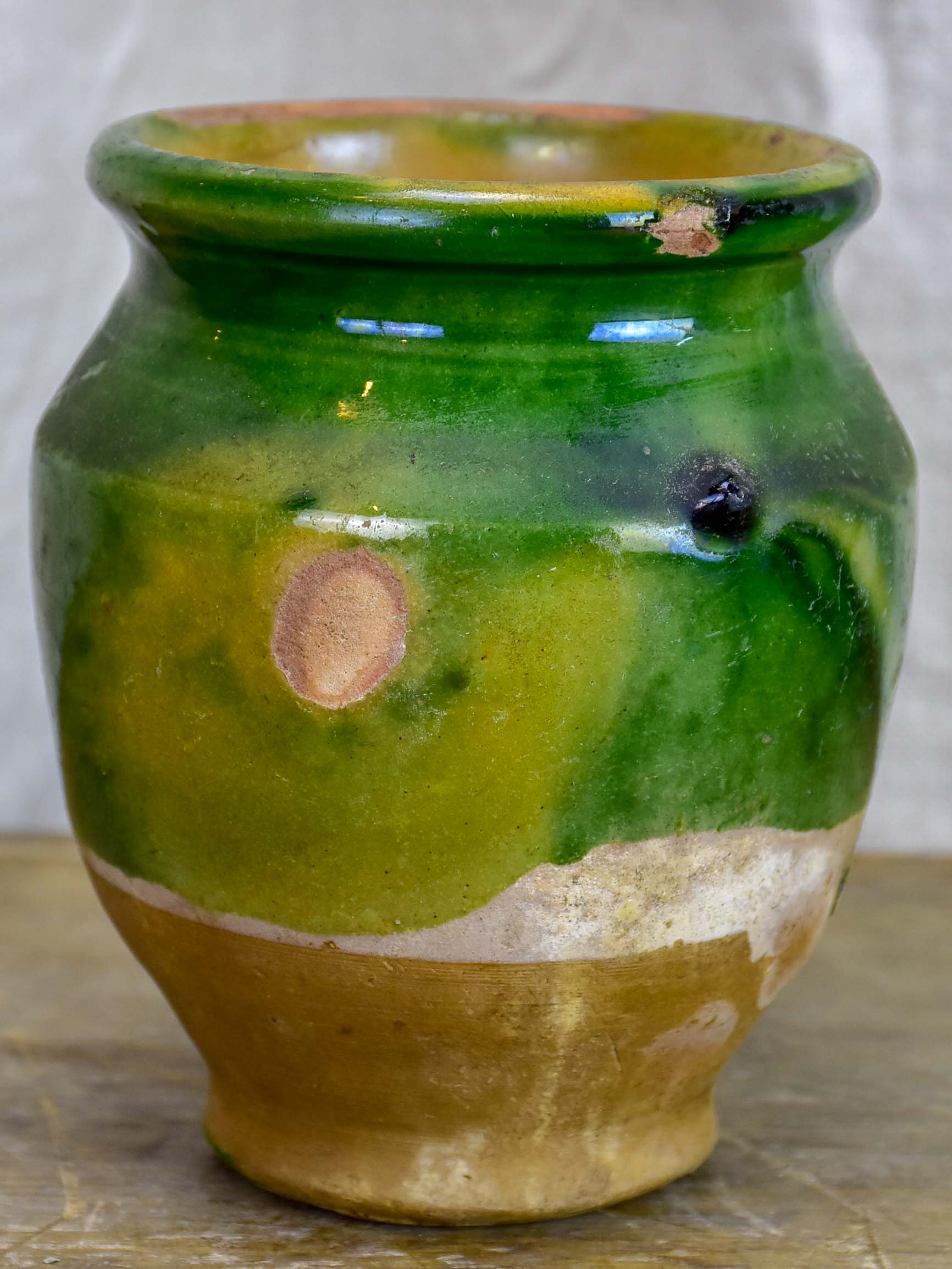 Very small antique French confit pot with green glaze 5 ¼''