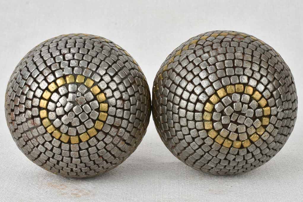 Pair of antique French petanque balls - square pattern 4"