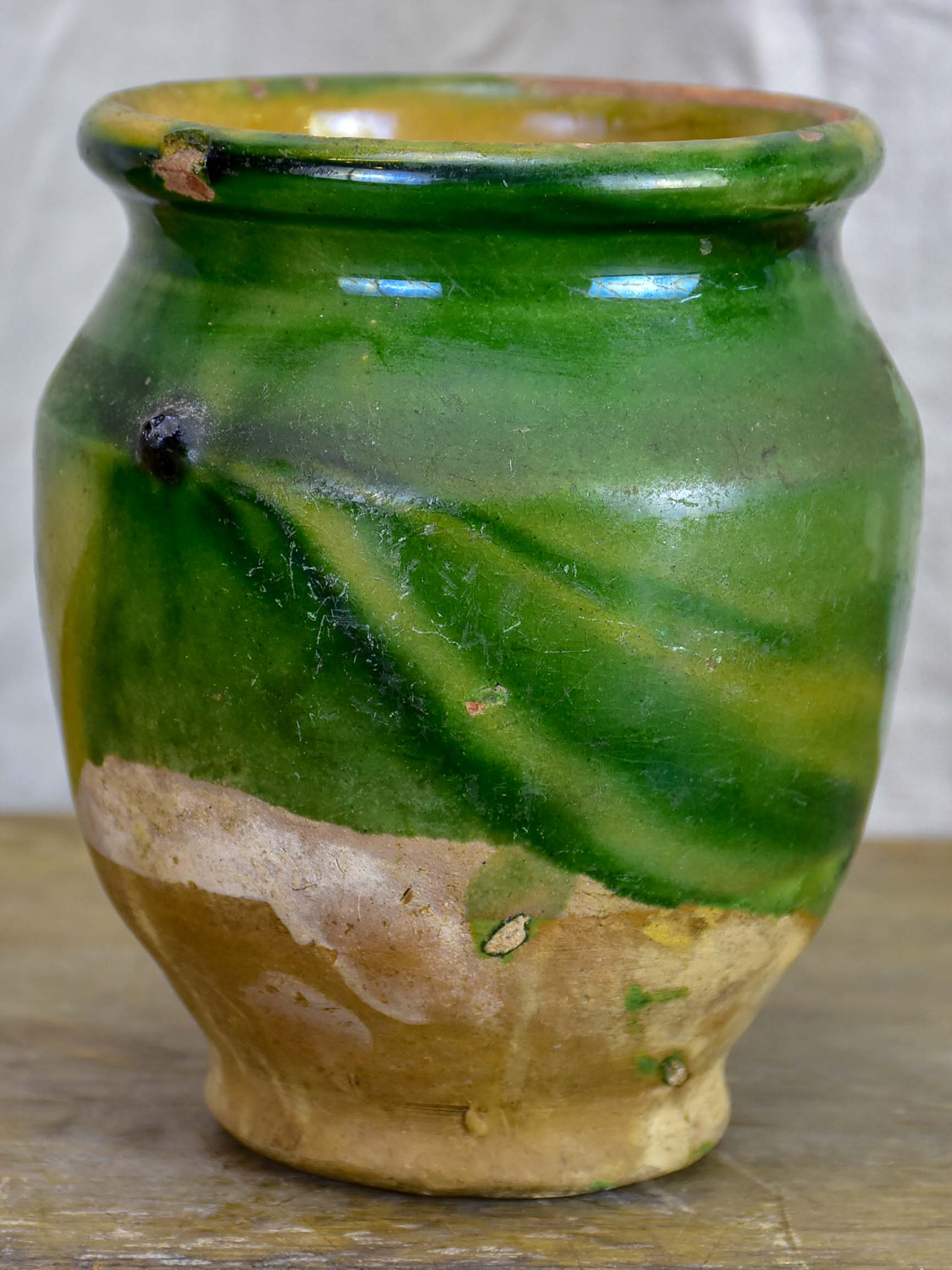 Very small antique French confit pot with green glaze 5 ¼''
