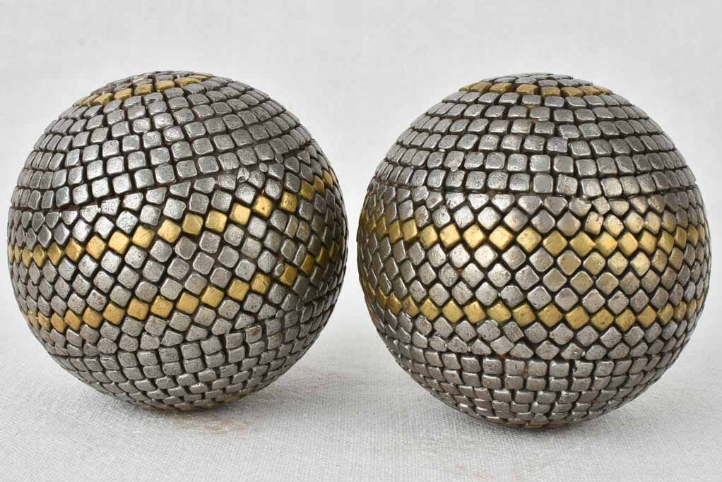 Pair of antique French petanque balls - square pattern 4"
