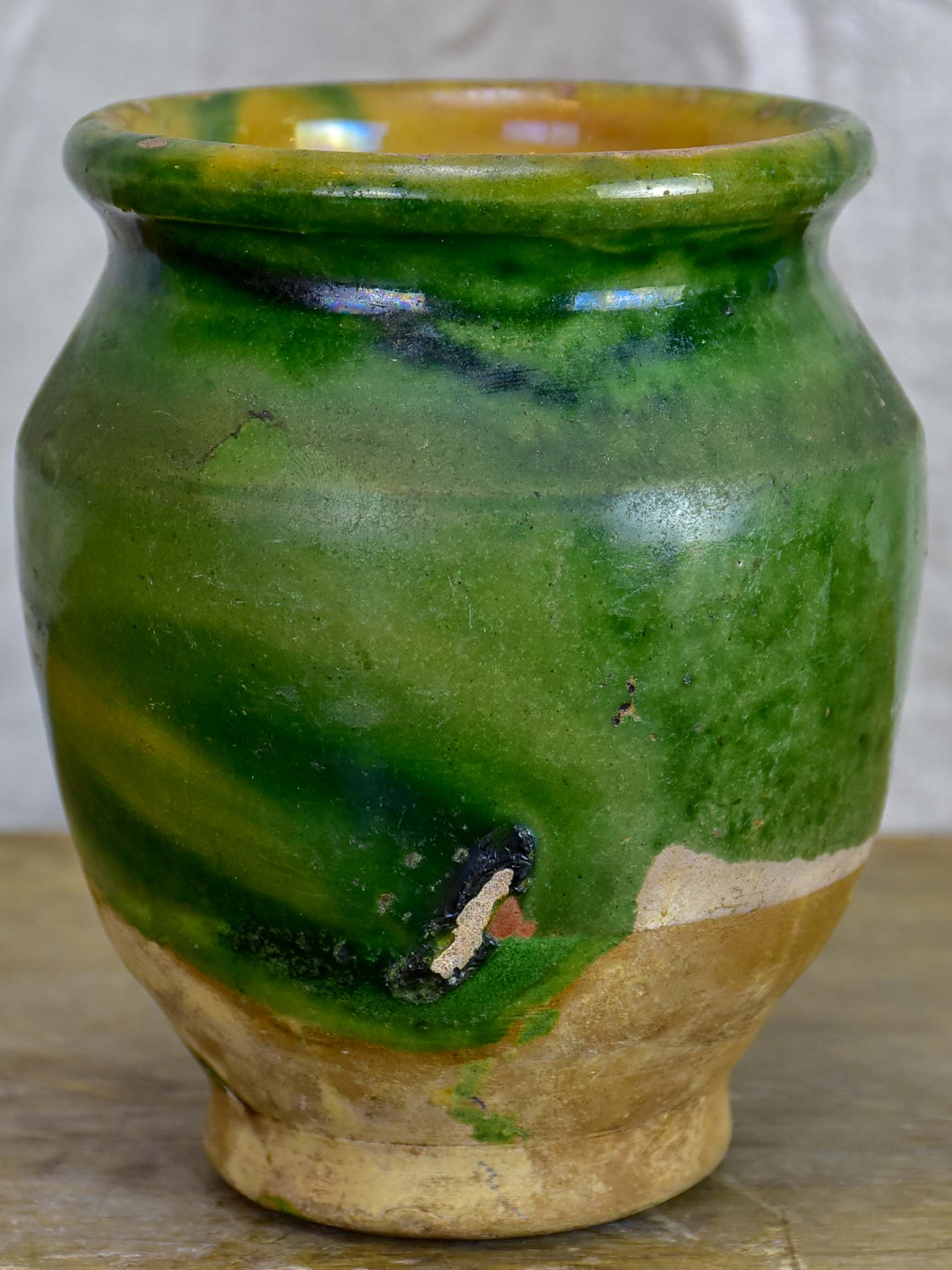 Very small antique French confit pot with green glaze 5 ¼''